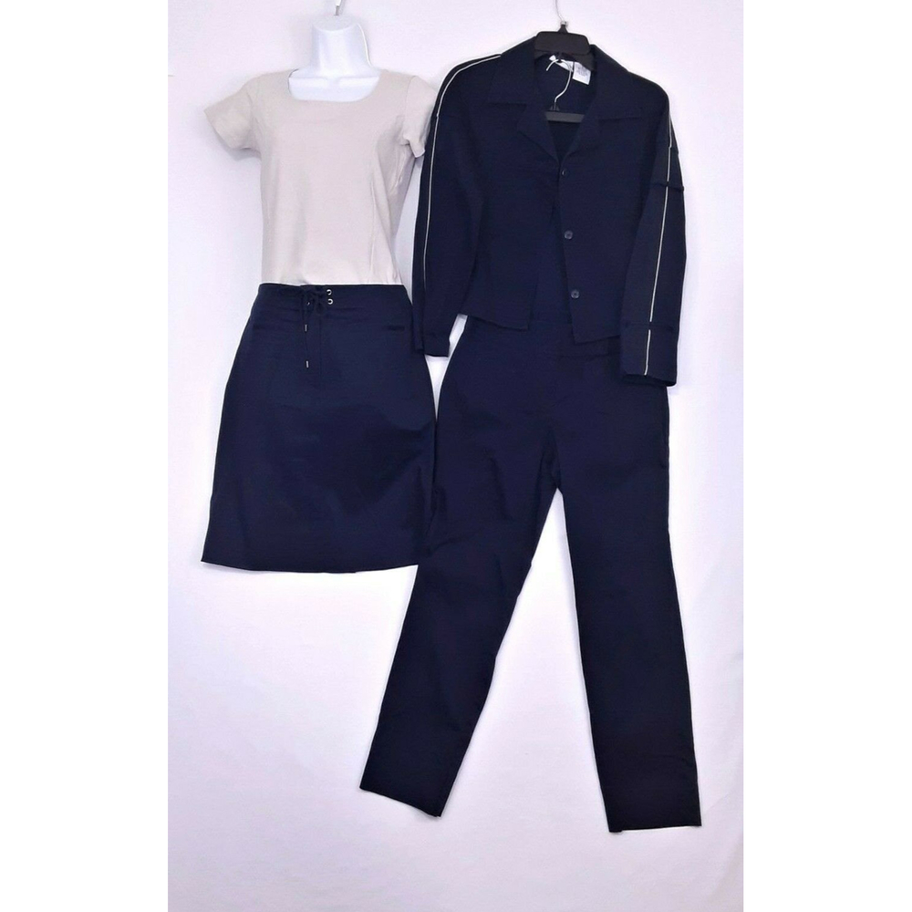 Kathy Ireland 4 pc Skirt Pants Top Jacket Blue Navy Size 8 Cotton / Spandex